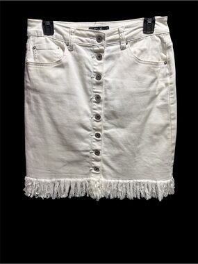 Earl White Jean Button-Front Fringe Hem Skirt